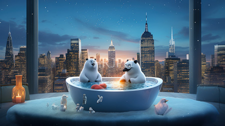 High Resolution: Two anthropomorphic polar bears oval bathtub high-rise balcony night overlooking New York City's illuminated skyline one bear holds rubber ducks download. | HRJPG.com