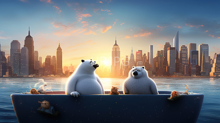 High Resolution: Two anthropomorphic polar bears blue boat calm water facing New York City's sunset skyline iconic skyscrapers small animals download. | HRJPG.com