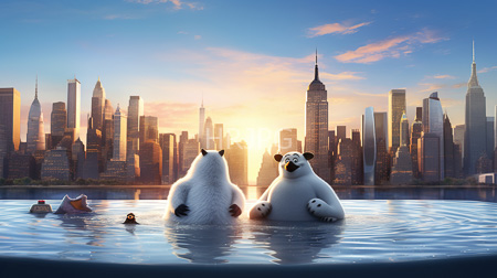 High Resolution: Two anthropomorphic polar bears infinity pool facing New York City's skyline sunset iconic skyscrapers one bear fluffy white fur download. | HRJPG.com