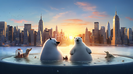 High Resolution: Two anthropomorphic polar bears relaxing outdoor hot tub New York City's skyline sunset background one bear points download. | HRJPG.com