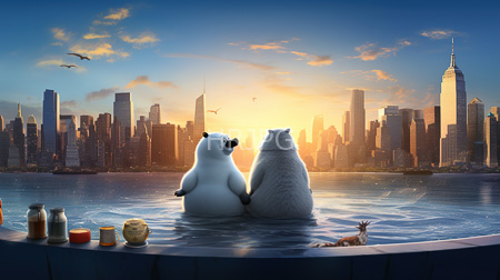 High Resolution: Two anthropomorphic polar bears sitting outdoor hot tub facing New York City's sunset skyline iconic skyscrapers one bear slightly smaller download. | HRJPG.com