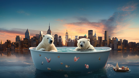 High Resolution: Two polar bears ornate blue bathtub adorned with seashells floating calm water sunset New York City's skyline illuminated skyscrapers download. | HRJPG.com