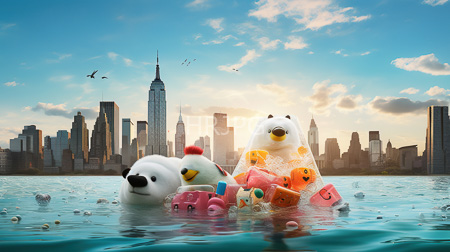 High Resolution: Two white polar bears three colorful plastic ducks floating icy polluted lake bubbles rising New York City's skyline download. | HRJPG.com