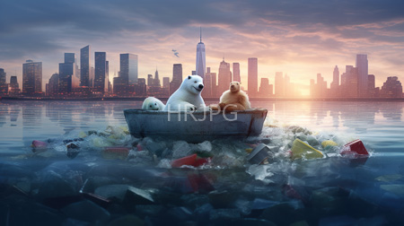 High Resolution: Two polar bears old rusted boat floating plastic debris calm water sunset New York City's skyline visible download. | HRJPG.com