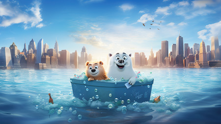 High Resolution: Two anthropomorphic polar bears inflatable boat filled with bubbles floating calm water New York City's skyline sunset download. | HRJPG.com