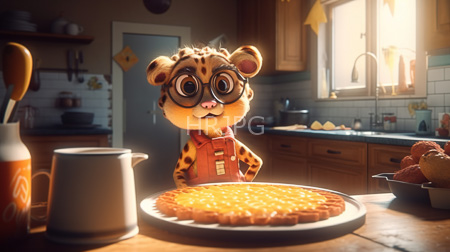 High Resolution: Anthropomorphic cheetah large glasses orange overalls warmly lit kitchen stands at center table displaying freshly baked pie download. | HRJPG.com