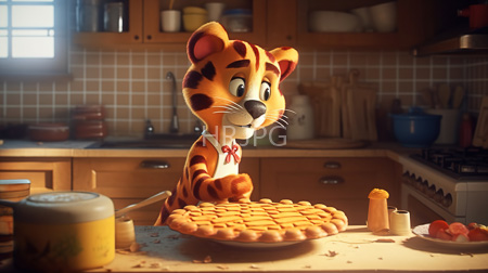High Resolution: Anthropomorphic cartoon-style tiger orange black stripes standing warmly lit kitchen tiger wears white apron holds hands over pie download. | HRJPG.com