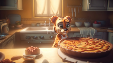 High Resolution: Anthropomorphic tiger large green eyes standing warmly lit kitchen sunset holds up perfectly baked pie red fruit tart download. | HRJPG.com