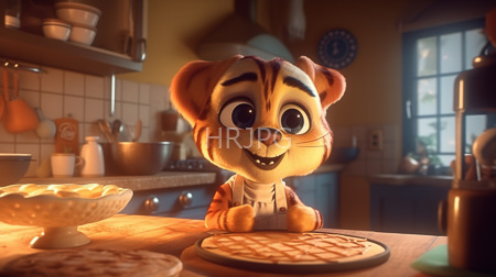 High Resolution: Anthropomorphic cute tiger cub large expressive eyes striped fur warmly lit kitchen wears overalls standing countertop rolling out dough download. | HRJPG.com