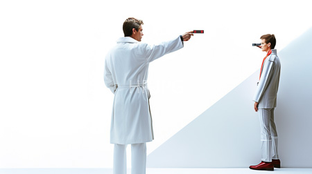 High Resolution: Two men minimalist white-walled setting one man curly brown hair open-front robe points at another standing against geometric shapes download. | HRJPG.com