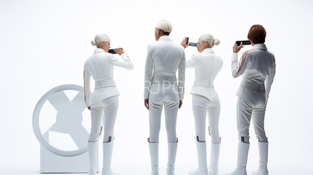 High Resolution: Five women white futuristic outfits sleek designs high boots all-white background three blonde hair buns one red-brown bobbed download. | HRJPG.com