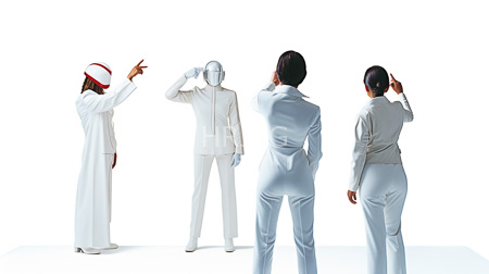 High Resolution: Four people white suits headgear standing entirely white background minimal shadows one points center figure faceless mask suit download. | HRJPG.com