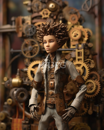 High Resolution: African-American doll curly brown hair steampunk attire gray pants jacket brass gears buttons standing confidently intricate mechanical gearwork download. | HRJPG.com