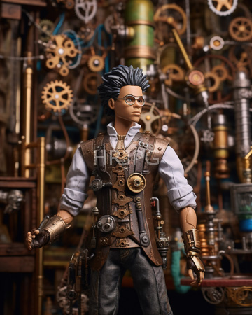 High Resolution: Intricately detailed action figure steampunk inventor dark blue spiky hair glasses brown leather vest brass gears gray shirt download. | HRJPG.com