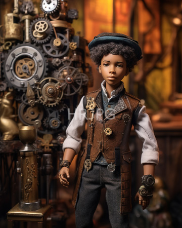 High Resolution: African-American doll curly hair steampunk attire brown leather vest gears buttons white shirt sleeves dark gray pants blue cap download. | HRJPG.com