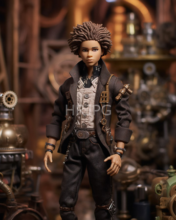 High Resolution: Intricately detailed action figure dark brown skin styled afro hair steampunk attire layered clothing gears mechanical background elements download. | HRJPG.com