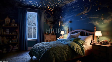 High Resolution: Enchanting dim-lit bedroom dark blue walls starry cloud patterns flying dolphins bedside lamps warm light white pillows download. | HRJPG.com