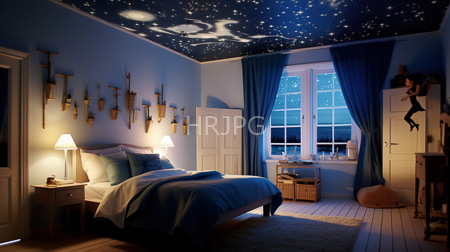 High Resolution: Enchanting dim-lit bedroom blue white color scheme starry night ceiling mural bed matching pillows blanket wooden floor swords mounted download. | HRJPG.com