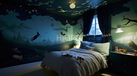 High Resolution: Enchanting dim-lit bedroom dark teal walls whimsical night sky starry patterns birds flying bed white textured blanket light blue pillows download. | HRJPG.com