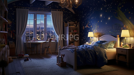 High Resolution: Enchanting dim-lit children's bedroom night starry blue wallpaper ceiling beams chandeliers window twinkling city lights white curtains download. | HRJPG.com