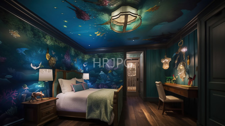High Resolution: Underwater-themed bedroom dark teal walls ceiling vibrant fish illustrations blue-green wooden bed soft lighting bedside lamps white linens download. | HRJPG.com