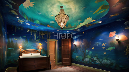 High Resolution: Underwater-themed bedroom dark blue walls ceiling colorful fish illustrations coral reefs sea creatures wall sconces ornate chandelier download. | HRJPG.com