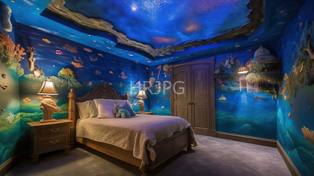 High Resolution: Underwater-themed bedroom blue walls ceiling oceanic murals fish coral reefs sea creatures shipwrecks wooden bed soft lighting download. | HRJPG.com