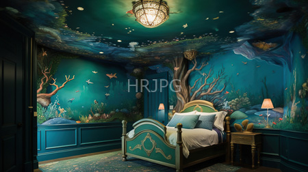 High Resolution: Underwater-themed bedroom teal walls ceiling oceanic murals coral reefs fish sea plants trees under water stars sky-like patterns download. | HRJPG.com