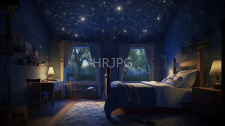 High Resolution: Enchanting dim-lit bedroom night starry-patterned walls ceiling large window lush green trees outside wooden bed blue bedding download. | HRJPG.com