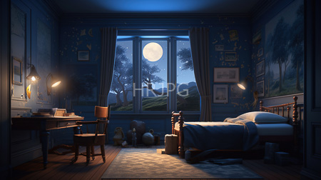 High Resolution: Enchanting moonlit bedroom blue walls star tree murals large window full moon over trees outside wooden bed white sheets download. | HRJPG.com