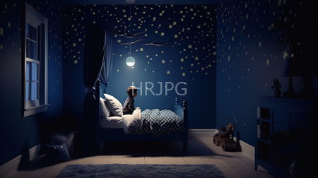 High Resolution: Dim moonlit bedroom deep blue walls star patterns dark curtains white-framed window young boy sits center bed's edge download. | HRJPG.com