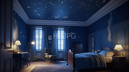 High Resolution: Enchanting dim-lit children's bedroom deep blue walls ceiling starry night patterns twin windows soft light sheer curtains wooden bed download. | HRJPG.com
