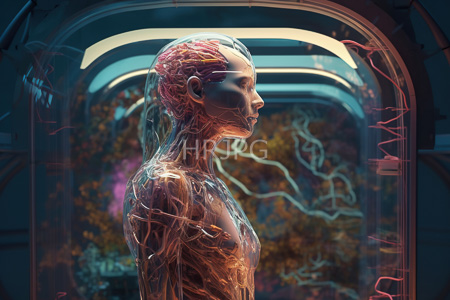 High Resolution: Anatomically transparent human figure visible nerves blood vessels standing profile futuristic glass enclosure blue light abstract patterns download. | HRJPG.com