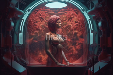 High Resolution: Ethereal dark-skinned woman red hair intricate headpiece futuristic glass dome glowing orange-red neural patterns metallic armor exposing breasts download. | HRJPG.com