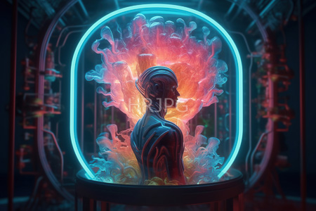 High Resolution: Abstract futuristic scene dark-skinned humanoid figure profile view standing circular platform vibrant neon lighting blue pink hues download. | HRJPG.com