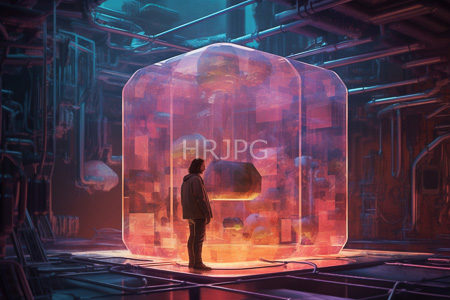 High Resolution: Industrial dim-lit room metallic pipes machinery dark blue tones silhouetted figure facing large translucent pink-orange cube floating shapes download. | HRJPG.com