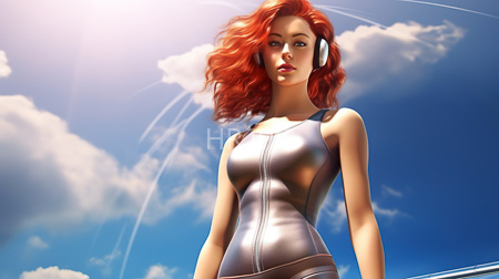 High Resolution: Attractive fair-skinned woman vibrant red hair silver headphones form-fitting metallic gray tank top bright blue sky fluffy white clouds download. | HRJPG.com