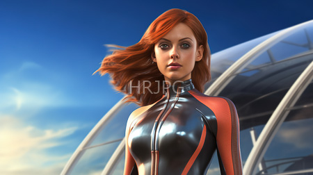 High Resolution: Red-haired woman fair skin shiny black orange latex bodysuit accentuates large breasts stands clear blue sky modern glass structure download. | HRJPG.com