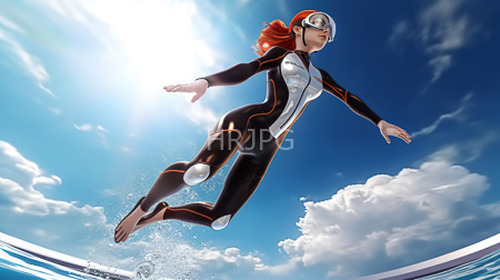 High Resolution: Athletic woman red hair black white wetsuit orange lines diving clear blue water bright sunlight fluffy clouds scuba gear download. | HRJPG.com