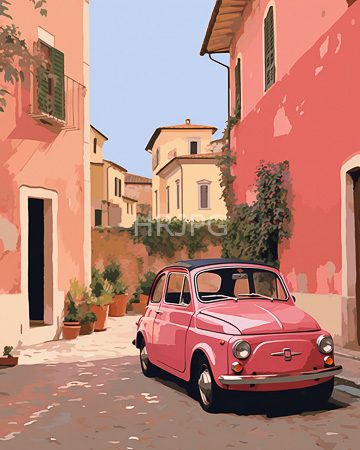 High Resolution: Old pink Fiat car parked pastel-colored Mediterranean buildings green shutters potted plants cobblestone street clear blue sky download. | HRJPG.com