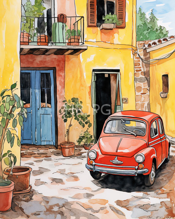 High Resolution: Italian alleyway vibrant yellow orange buildings blue doors potted plants green shutters small red vintage Fiat car parked download. | HRJPG.com