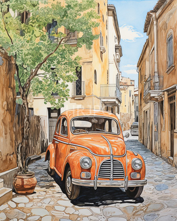 High Resolution: Intricate colorful vintage orange Volkswagen Beetle parked cobblestone street narrow European alleyway sunlit yellow beige buildings small balconies download. | HRJPG.com