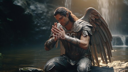 High Resolution: Muscular long-haired man angel wings detailed silver armor kneeling by waterfalls hands clasped together praying soft sunlight download. | HRJPG.com