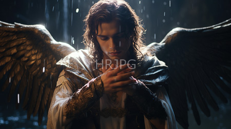High Resolution: Angelic young man wet shoulder-length brown hair large golden wings standing in rain dim light ornate gold-trimmed white robes download. | HRJPG.com