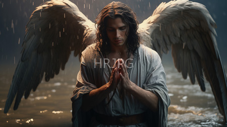 High Resolution: Angelic young man long wet brown hair large white wings standing in rain water's edge dusk loose gray robe download. | HRJPG.com