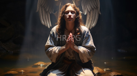 High Resolution: Long-haired fair-skinned Jesus closed eyes clasped hands prayer position sits rocky ground large angel wings soft light beams download. | HRJPG.com