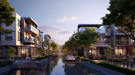 High Resolution: Upscale modern residential street sunset narrow canal contemporary buildings glass balconies large windows reflecting warm indoor lights download. | HRJPG.com