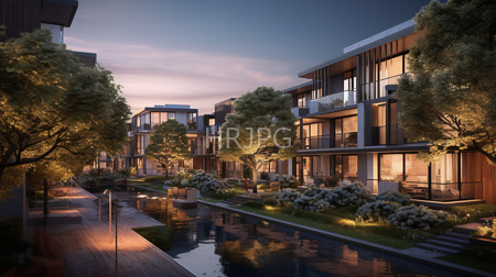High Resolution: Upscale modern residential complex dusk illuminated buildings large windows balconies lush greenery reflective waterway trees softly lit download. | HRJPG.com