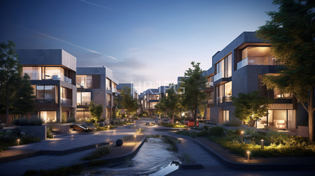 High Resolution: Evening suburban street modern multi-story houses large windows wooden accents illuminated by warm indoor lights twilight sky download. | HRJPG.com