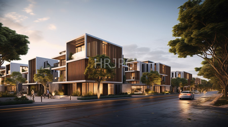 High Resolution: Upscale urban neighborhood sunset modern multi-story buildings wooden glass facades large windows balconies lush green trees lining wet street download. | HRJPG.com
